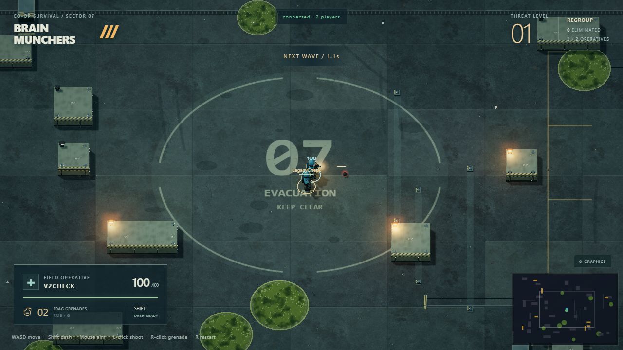 Two teammates defending a concrete quarantine yard with industrial barriers and glowing acid pools.